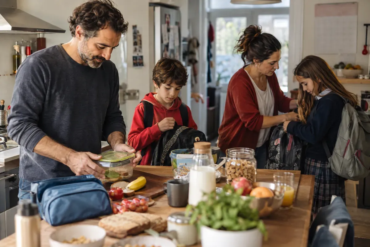 Familia con dos hijos en la cocina por la mañana, el día a día que pesa al decidir si reducir la cuota de la hipoteca