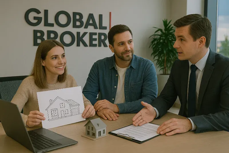 Pareja revisa con un asesor de Global Broker Group los planos para su hipoteca de autopromoción