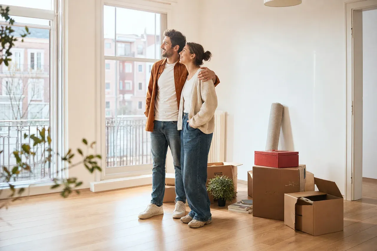 Pareja joven en su primera vivienda recién comprada con una hipoteca 100% más gastos de Global Broker Group