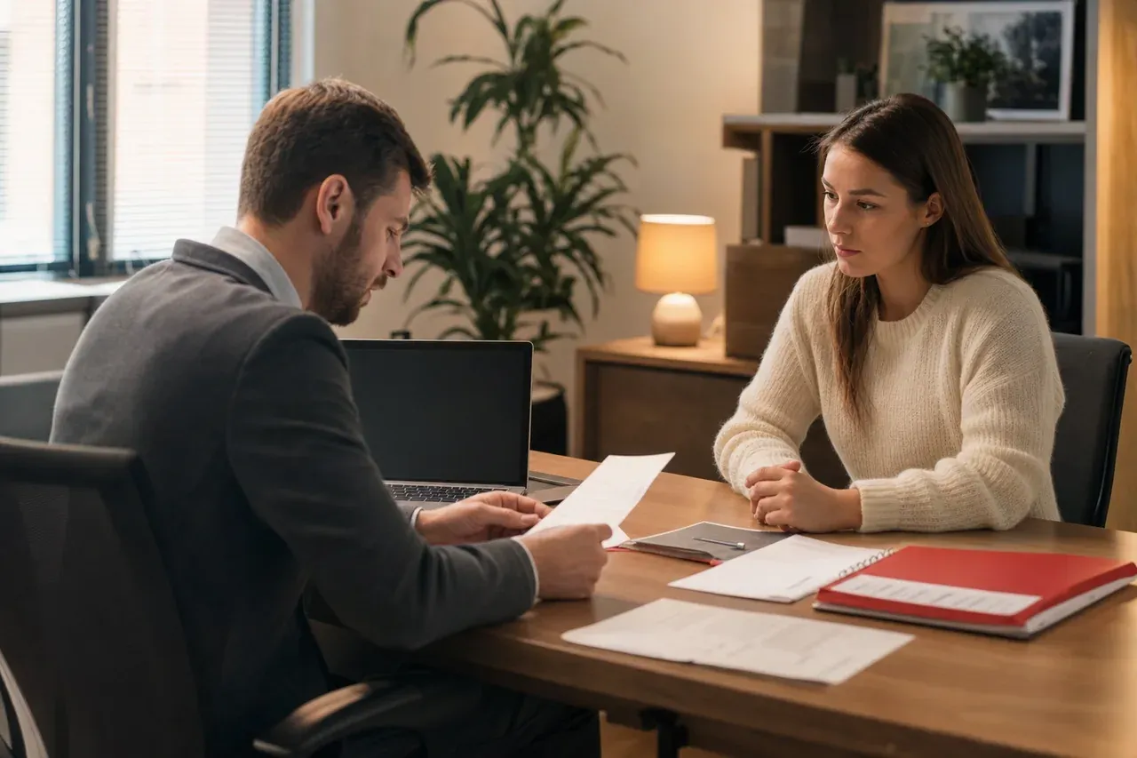 Asesor de Global Broker Group evaluando el perfil de solvencia de una clienta para una hipoteca 100% más gastos