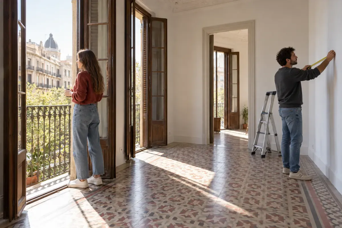 Pareja joven visitando un piso vacío en venta en Barcelona antes de solicitar las ayudas a la compra de vivienda