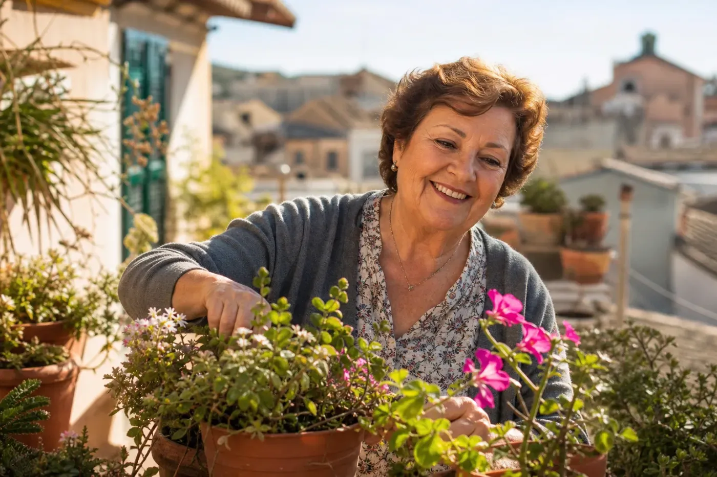 Mujer mayor cuida las plantas en la terraza de su casa, disfrutando de su día a día con autonomía