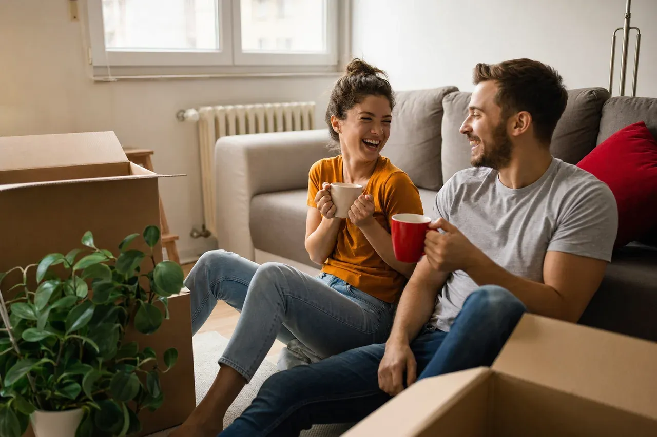 Pareja joven celebra la compra de su primera vivienda con una hipoteca joven de Global Broker Group