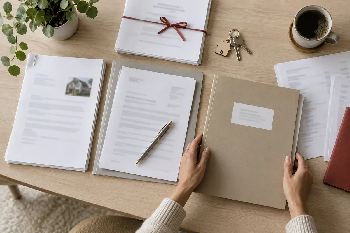 Documentación ordenada sobre una mesa para solicitar al banco la novación de la hipoteca