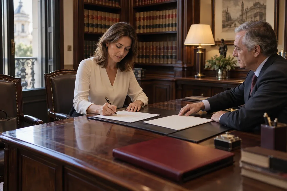 Mujer firmando ante notario la novación de la hipoteca para liberar a un titular del préstamo
