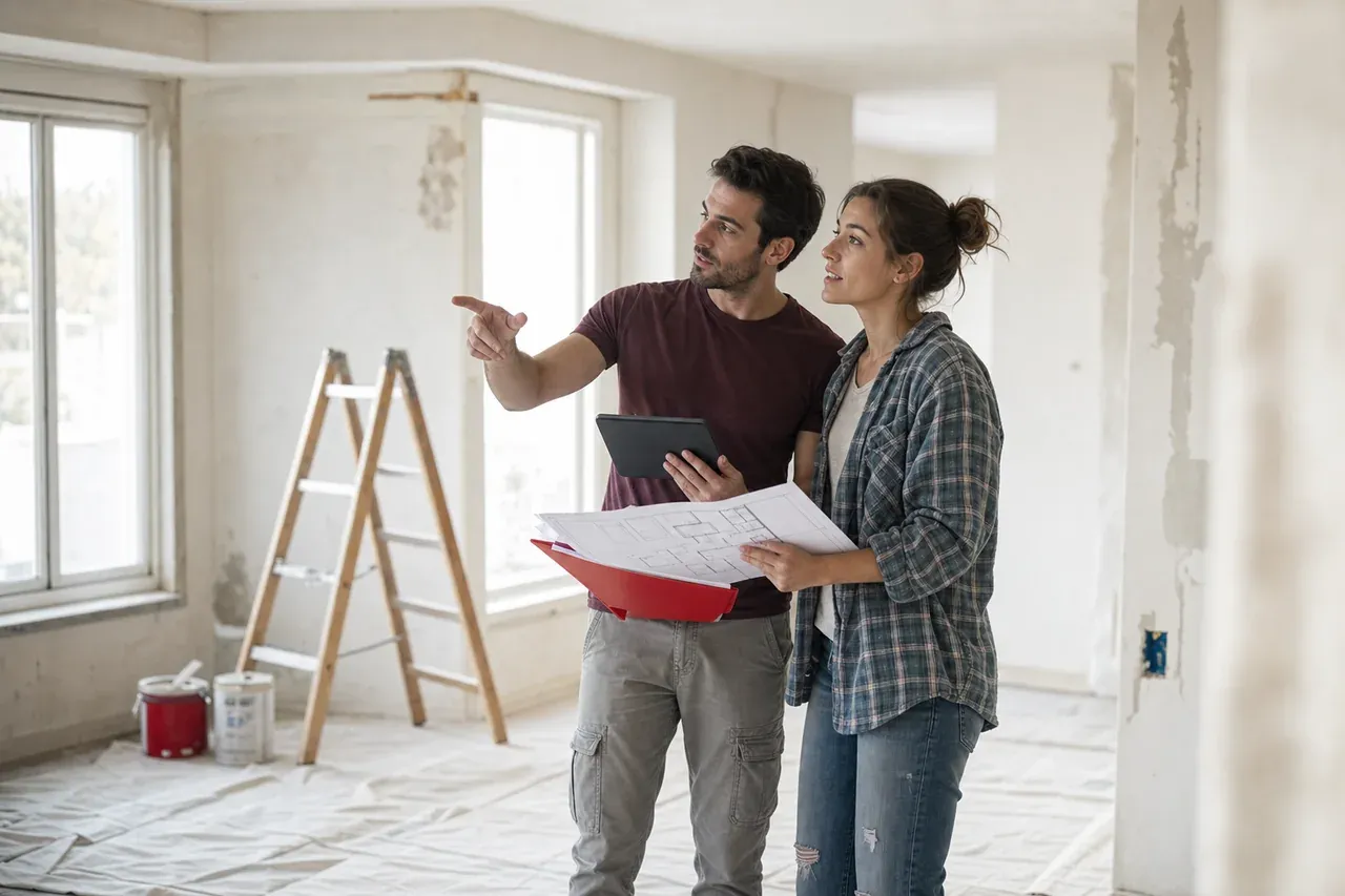 Pareja planificando la reforma de su nueva vivienda con planos junto a Global Broker Group
