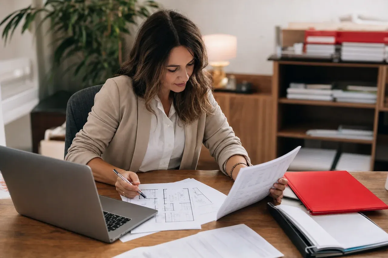 Asesora de Global Broker Group preparando el expediente de una hipoteca de compra más reforma con los planos del proyecto