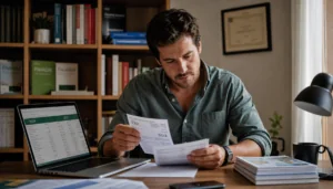 Profesional autónomo en su despacho doméstico revisando declaraciones de IRPF, modelos trimestrales y extractos bancarios sobre una mesa de madera.