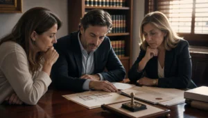 Tres herederos sentados en la mesa de un despacho con escrituras, una carpeta con sello del Banco de España y un plano de un piso.
