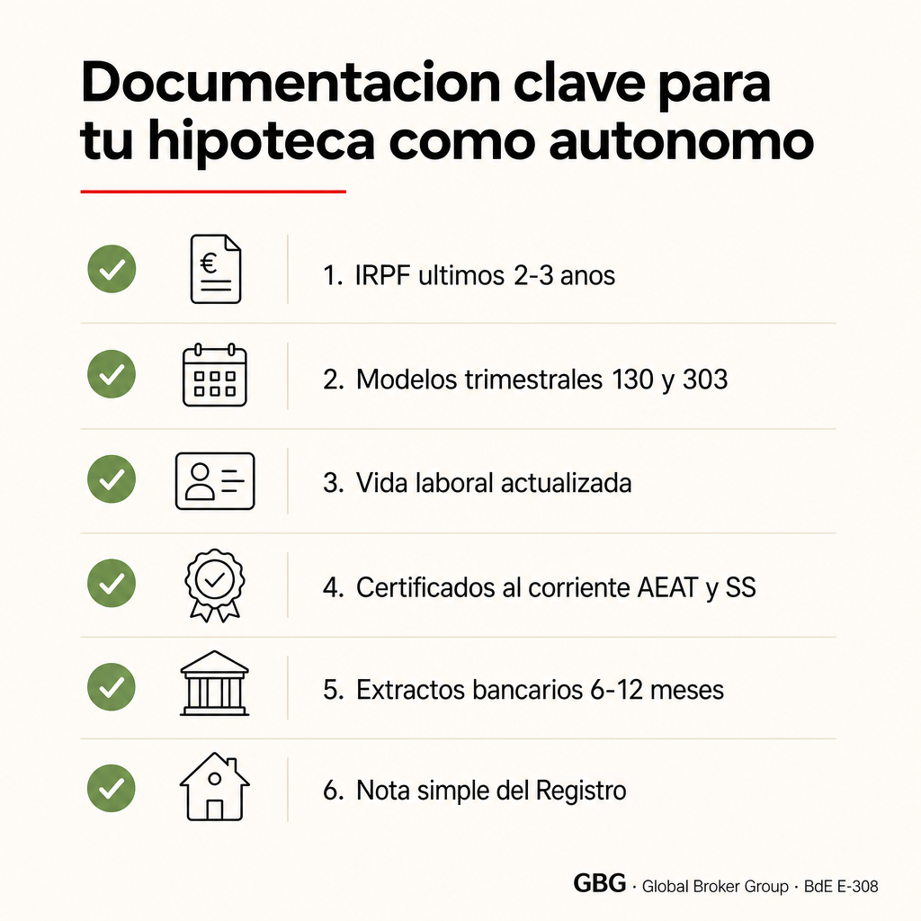 Infografía editorial con checklist de 6 documentos clave para hipoteca de autónomo: IRPF, modelos trimestrales, vida laboral, certificados al corriente, extractos bancarios, nota simple.