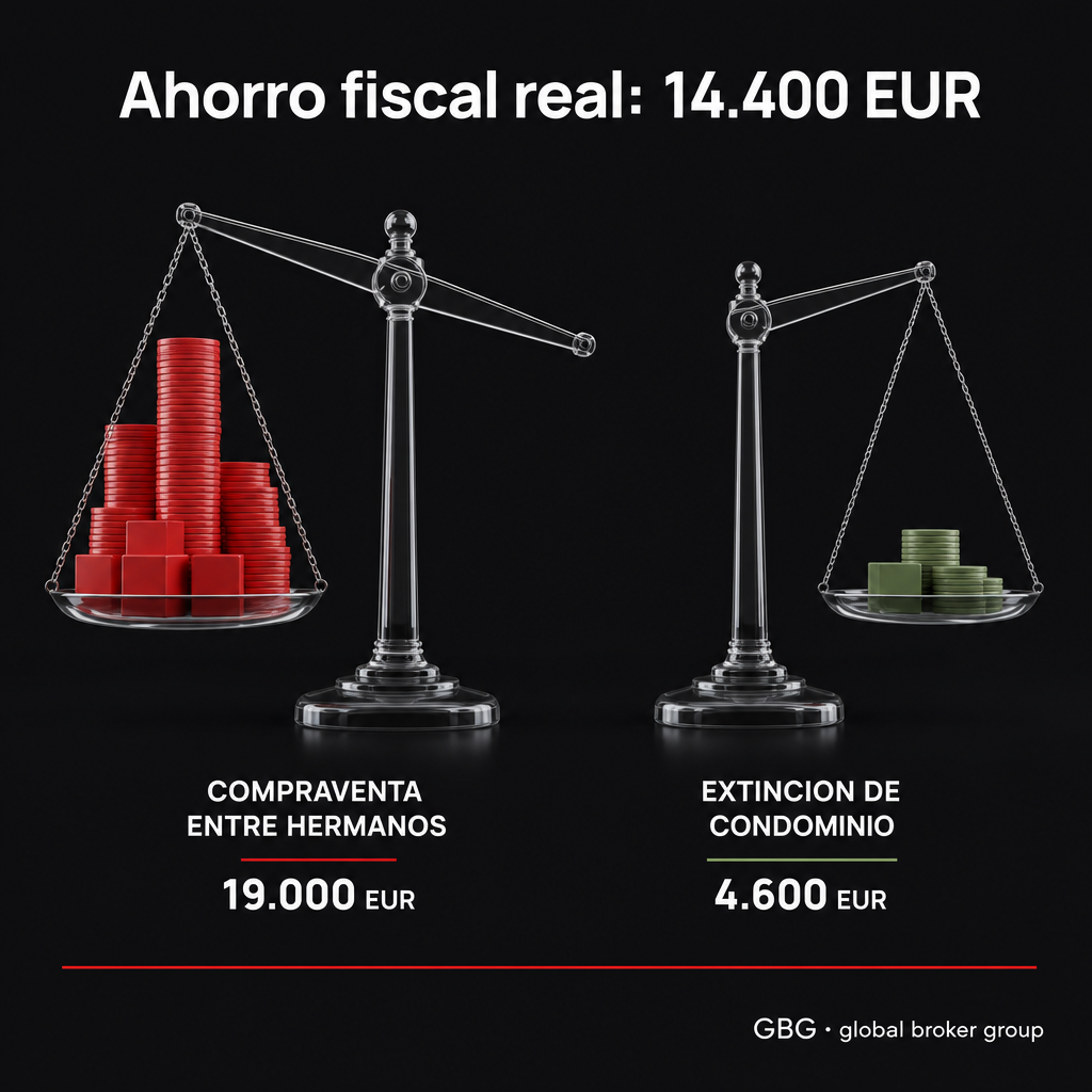 Infografía editorial con dos balanzas: compraventa entre hermanos pagando 19.000 € en impuestos vs extinción de condominio pagando 4.600 €.