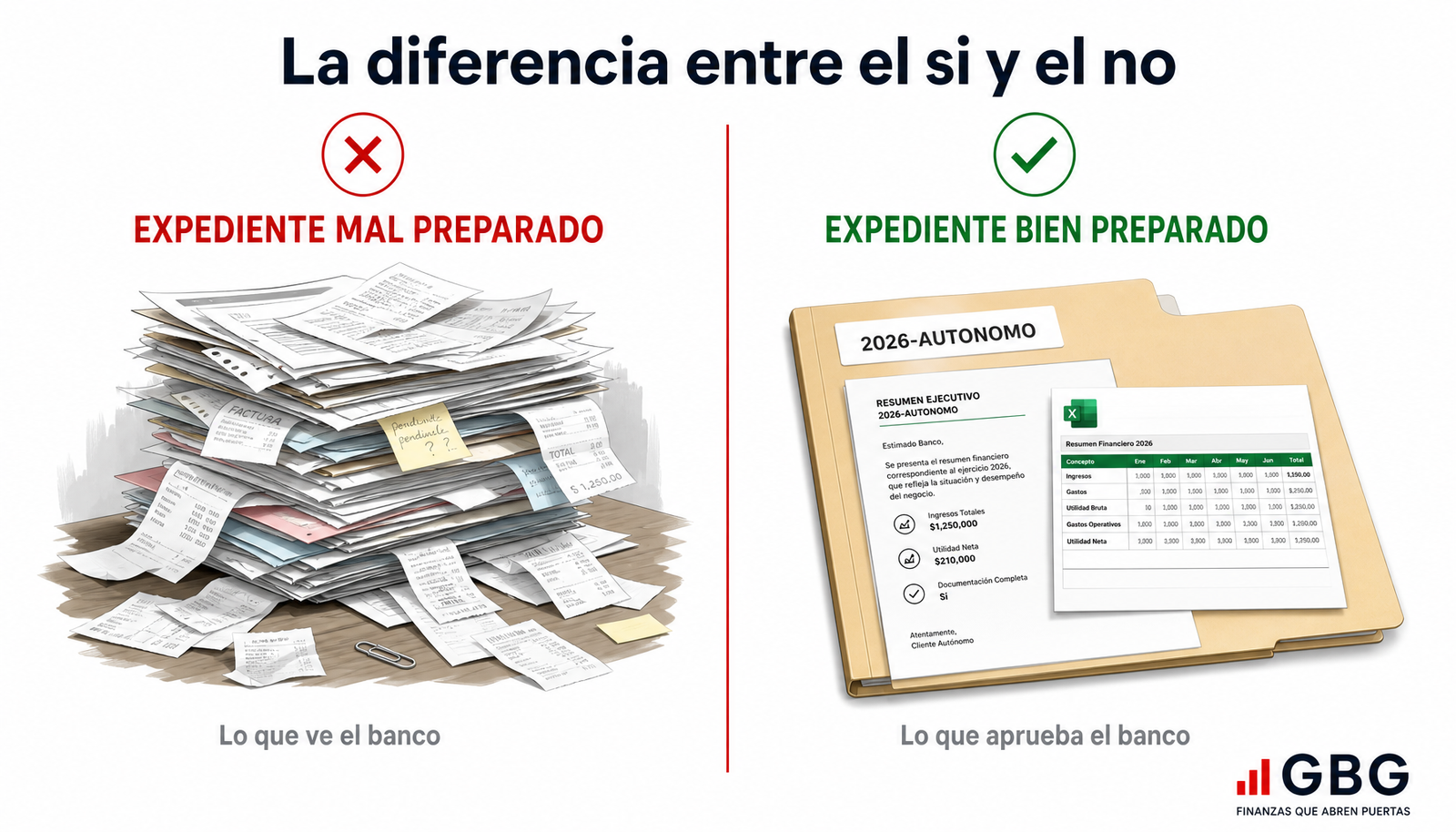Comparativa visual: a la izquierda, expediente caótico que ve un banco mal preparado; a la derecha, carpeta ordenada con Excel y nota explicativa.