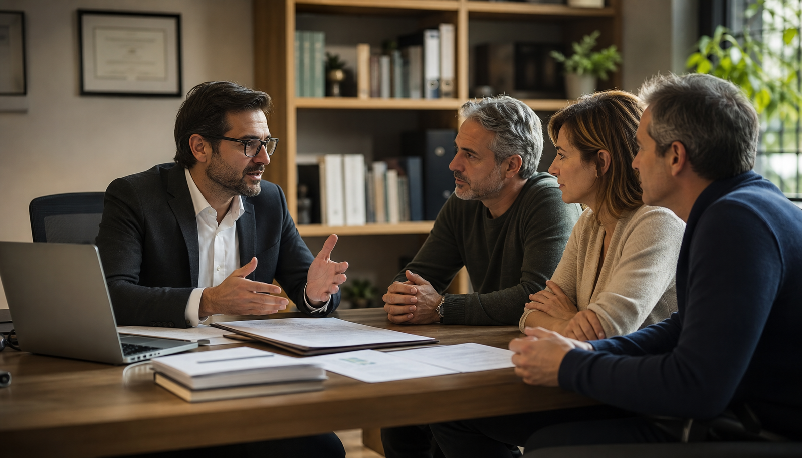 Asesor profesional de Global Bróker Group atendiendo a tres herederos en una oficina elegante, con documentos sobre la mesa.