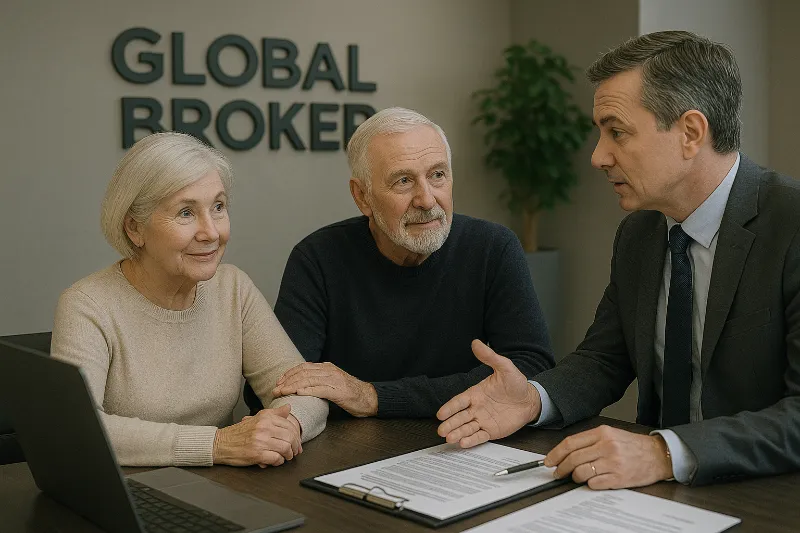 Pareja mayor recibiendo asesoramiento sobre hipoteca inversa en las oficinas de Global Broker.