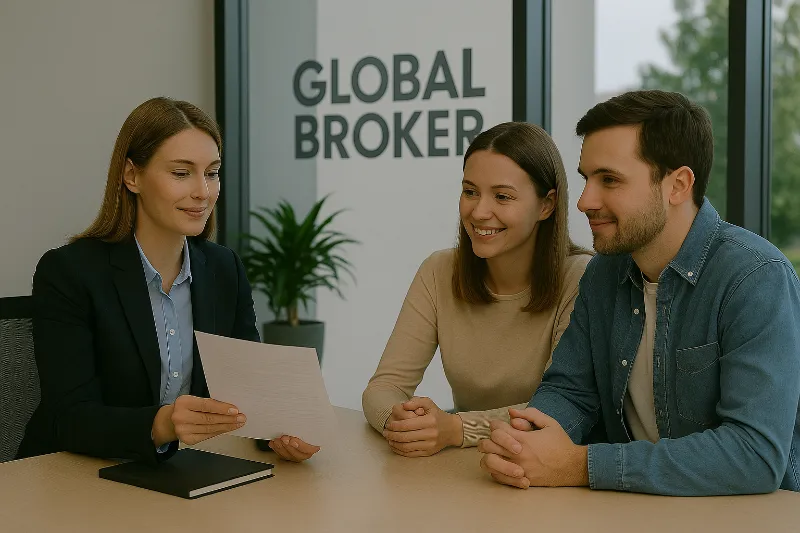 Bróker hipotecaria de Global Broker mostrando documentación de una hipoteca VPO a una pareja joven en una oficina moderna.