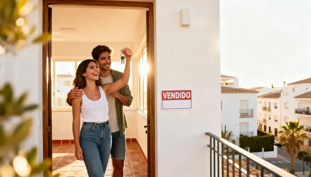 Pareja joven espanola recibiendo las llaves de su primera vivienda con expresion de alegria en la entrada de un piso moderno