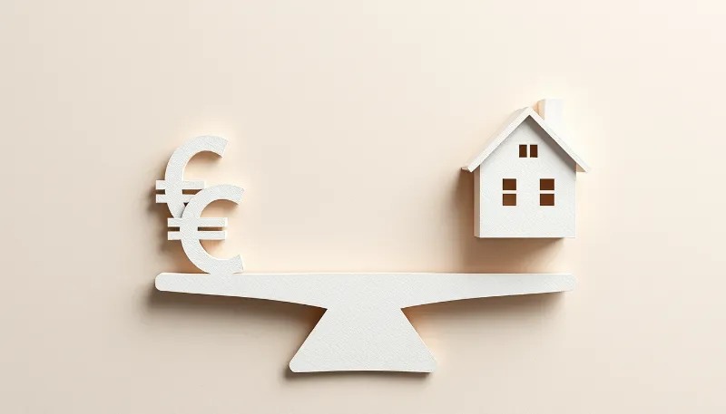 Balanza blanca equilibrando símbolo del euro y casa, representando el ahorro al subrogar una hipoteca