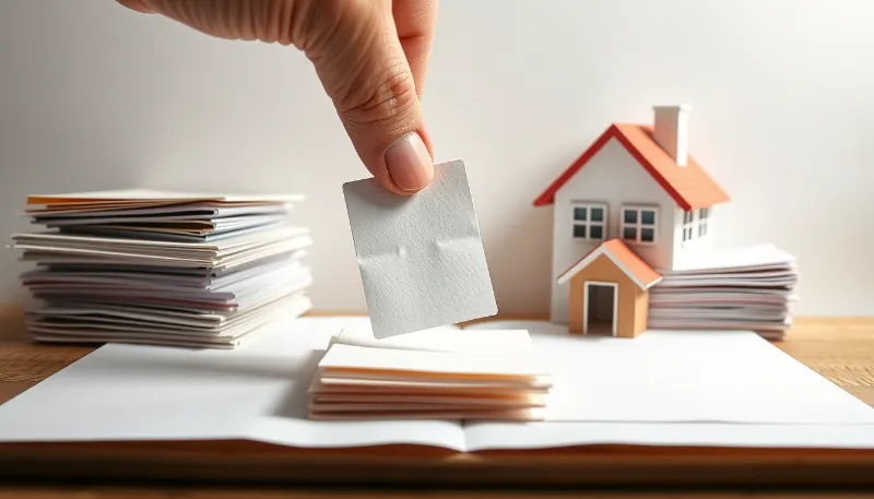 Mano seleccionando documentos junto a modelo de casa, representando revisión tras una hipoteca denegada