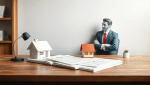 Bróker hipotecario asesorando sobre cambio de hipoteca con modelos de vivienda y documentos sobre la mesa