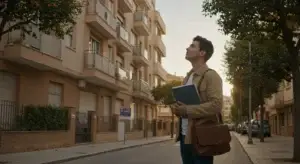 Joven espanol mirando con ilusion un edificio de apartamentos en venta en una calle residencial soleada, preparado para comprar su primera vivienda en 2026