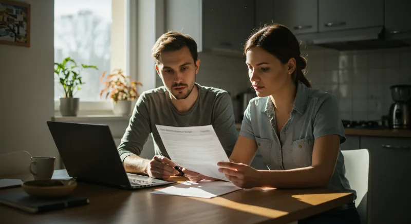 Pareja revisando documentación en casa para llevar a cabo la disolución de un condominio.