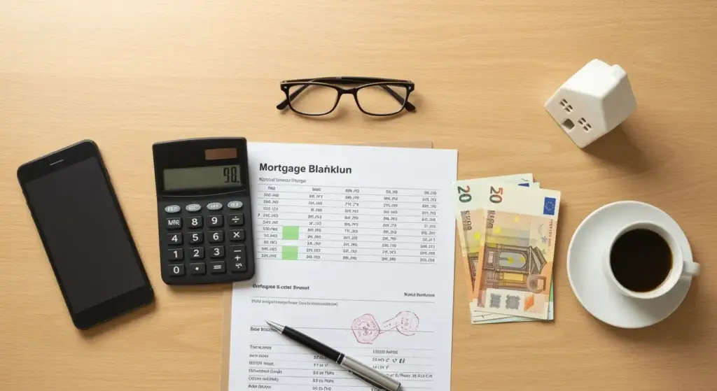 Vista cenital de escritorio con calculadora, billetes de euro, documentos hipotecarios y modelo de casa representando los gastos de comprar vivienda en 2026