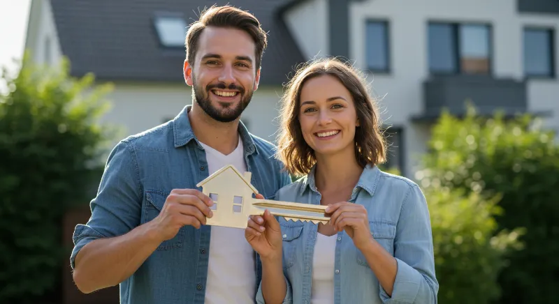 Pareja feliz mostrando las llaves de su casa tras una hipoteca compra + reforma con Global Broker.