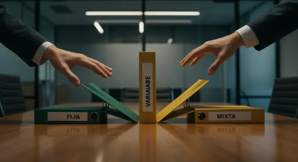 Tres carpetas de hipoteca fija, variable y mixta sobre mesa de despacho con manos eligiendo entre las opciones en 2026