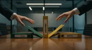 Tres carpetas de hipoteca fija, variable y mixta sobre mesa de despacho con manos eligiendo entre las opciones en 2026