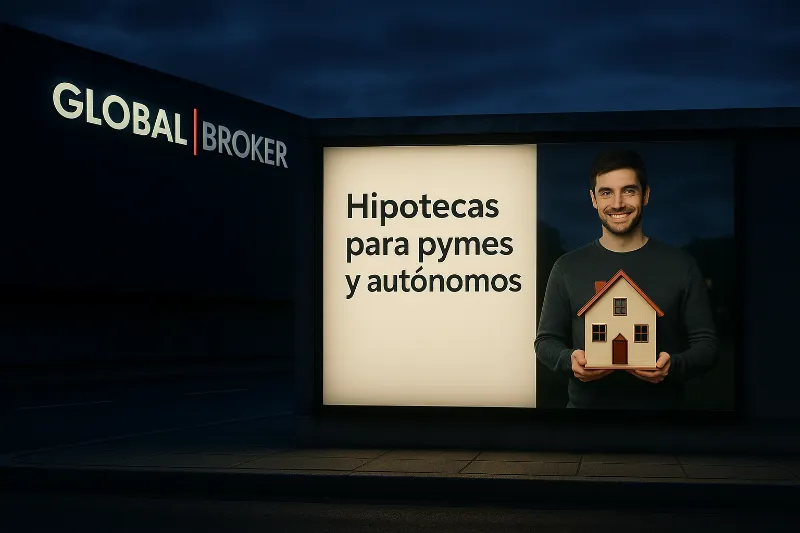 Cartel nocturno de Global Broker anunciando hipotecas para PYMES y autónomos.