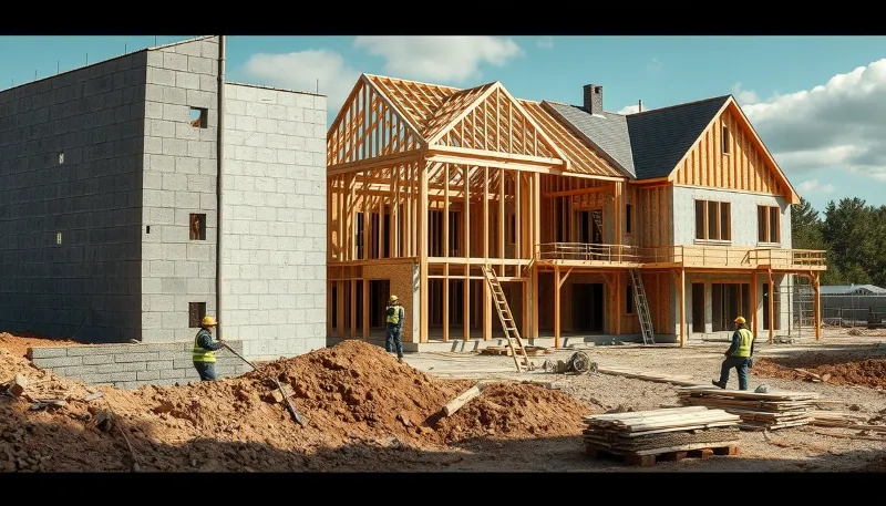 Vivienda unifamiliar en construcción con estructura de madera y albañiles trabajando, ejemplo práctico de lo que es una hipoteca autopromoción