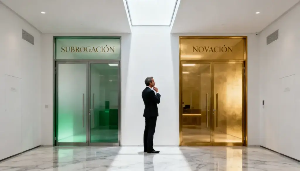 Persona eligiendo entre dos puertas con las opciones subrogacion y novacion hipotecaria en un pasillo de entidad financiera moderna