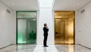 Persona eligiendo entre dos puertas con las opciones subrogacion y novacion hipotecaria en un pasillo de entidad financiera moderna
