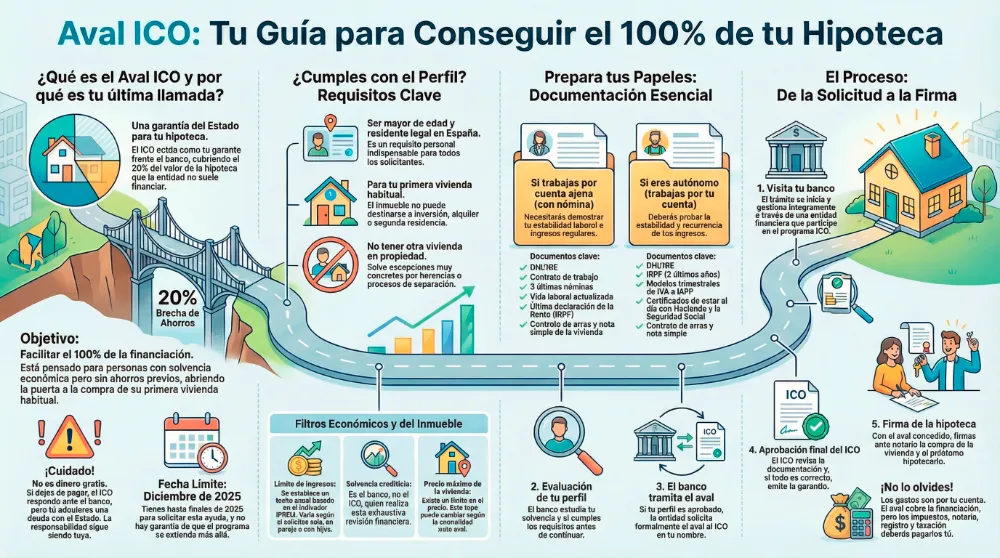 Infografía explicativa del aval ICO para conseguir el 100% de la hipoteca en España hasta 2025