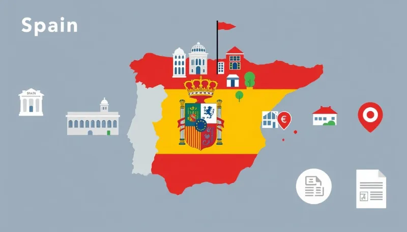 Mapa de España con iconos de viviendas, bancos y documentos representando las ayudas e hipotecas para jóvenes en España