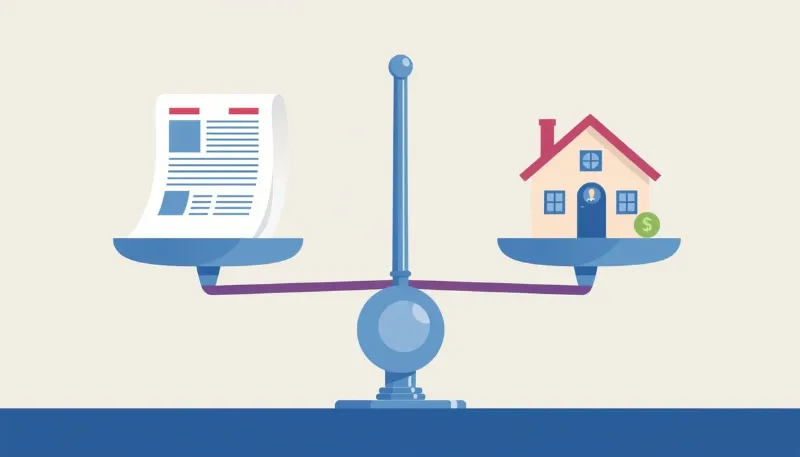Balanza que representa la comparación entre contrato y vivienda en una hipoteca para jóvenes