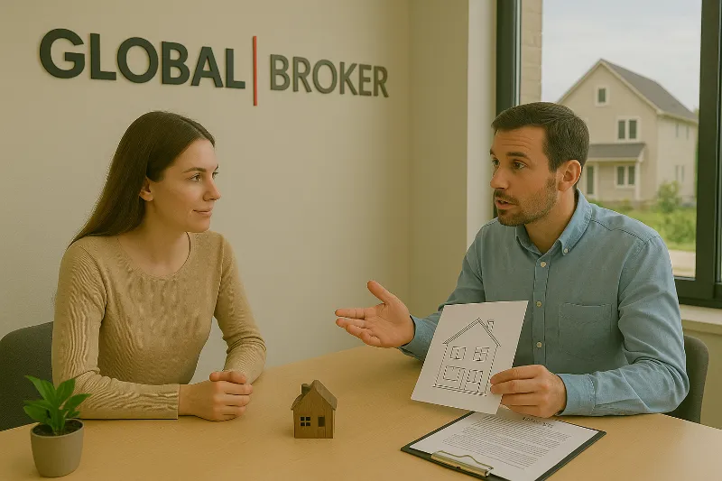 Asesor hipotecario explicando condiciones de hipotecas autopromoción a una joven interesada en financiar su vivienda desde cero, en oficina moderna de Global Broker.