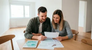 Pareja revisando documentos de hipoteca con aval ICO en su primera vivienda habitual