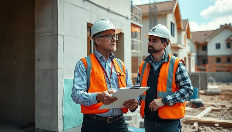 Dos arquitectos con casco y chaleco revisan planos en una construcción de viviendas, ejemplo de qué es una hipoteca autopromoción