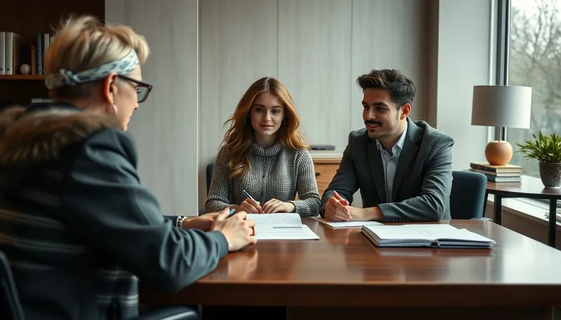 Pareja joven recibiendo asesoramiento sobre hipoteca VPO con un bróker hipotecario