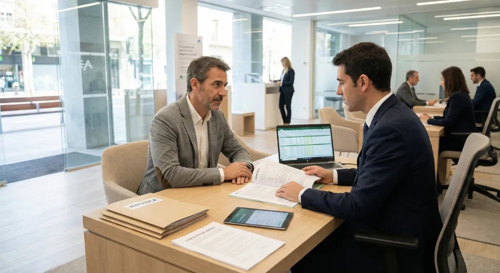 Cliente revisando con un asesor bancario la solicitud del aval ICO para una hipoteca al 100%